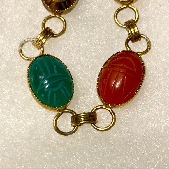 B.A. Ballou Vintage 1950's Vermeil 6 Oval Hardstone Scarab Link Bracelet 7" - Picture 4 of 14
